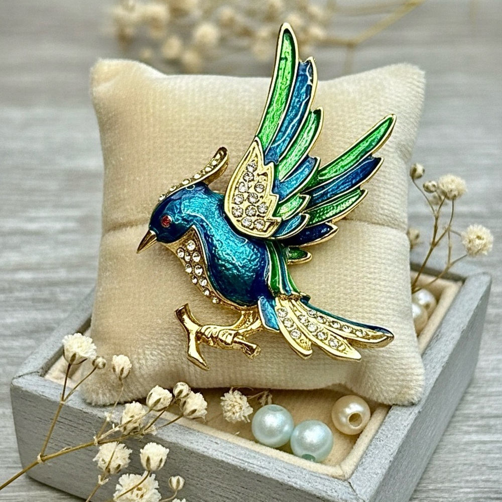 Enamel Bird of Paradise Brooch - Teal & Gold